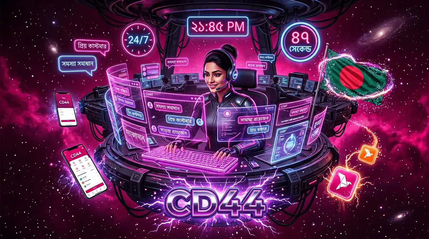 CD44 Bangladesh futuristic customer support command center - 24/7 Bengali agents with 47-second response time on TAKA Alliance network