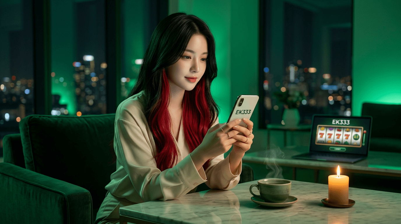 EK333 Review — The Slot Player's Sanctuary Where the Games Speak Louder Than the Marketing EK333 mobile gaming experience - beautiful player enjoying focused slot session in peaceful minimalist setting with emerald ambiance