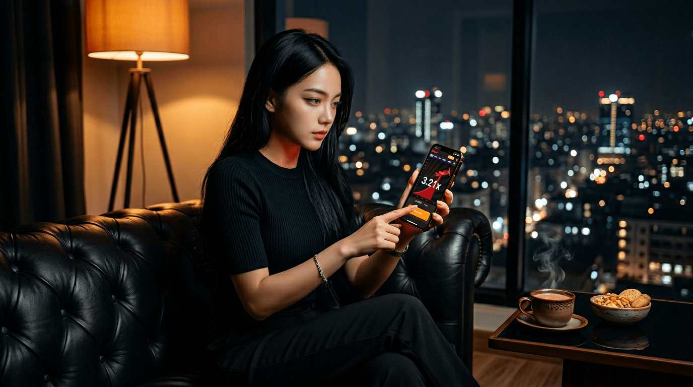 TK11 Review — The Crash Game Specialist Where 15 Seconds Can Change Your Cricket Night Young Korean woman playing TK11 Aviator crash game on smartphone in luxury Dhaka apartment at night