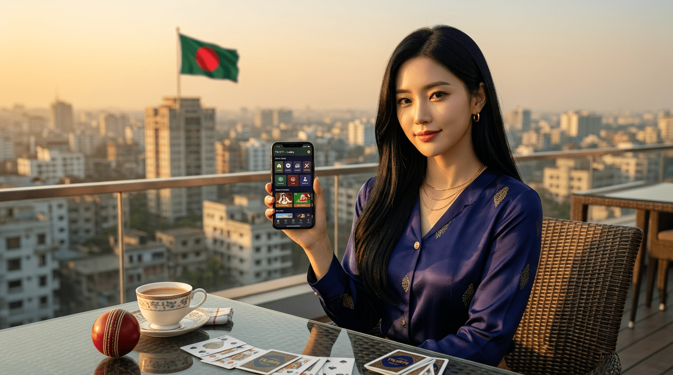 Young Korean woman using TK1971 all-in-one gaming app on Dhaka rooftop golden hour Bangladesh flag background