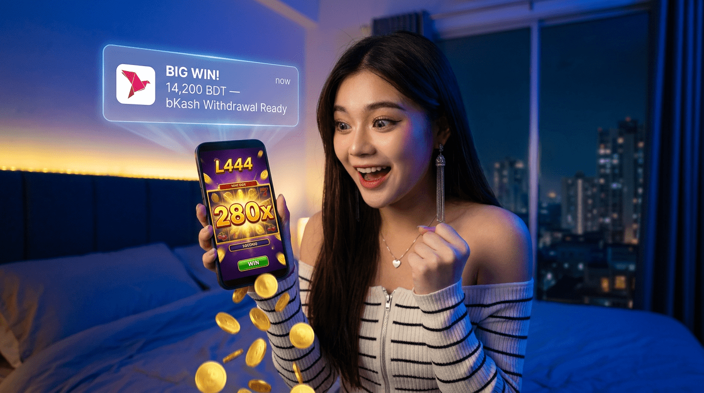 Young Korean woman celebrating L444 jackpot win on mobile phone with golden coins Bangladesh