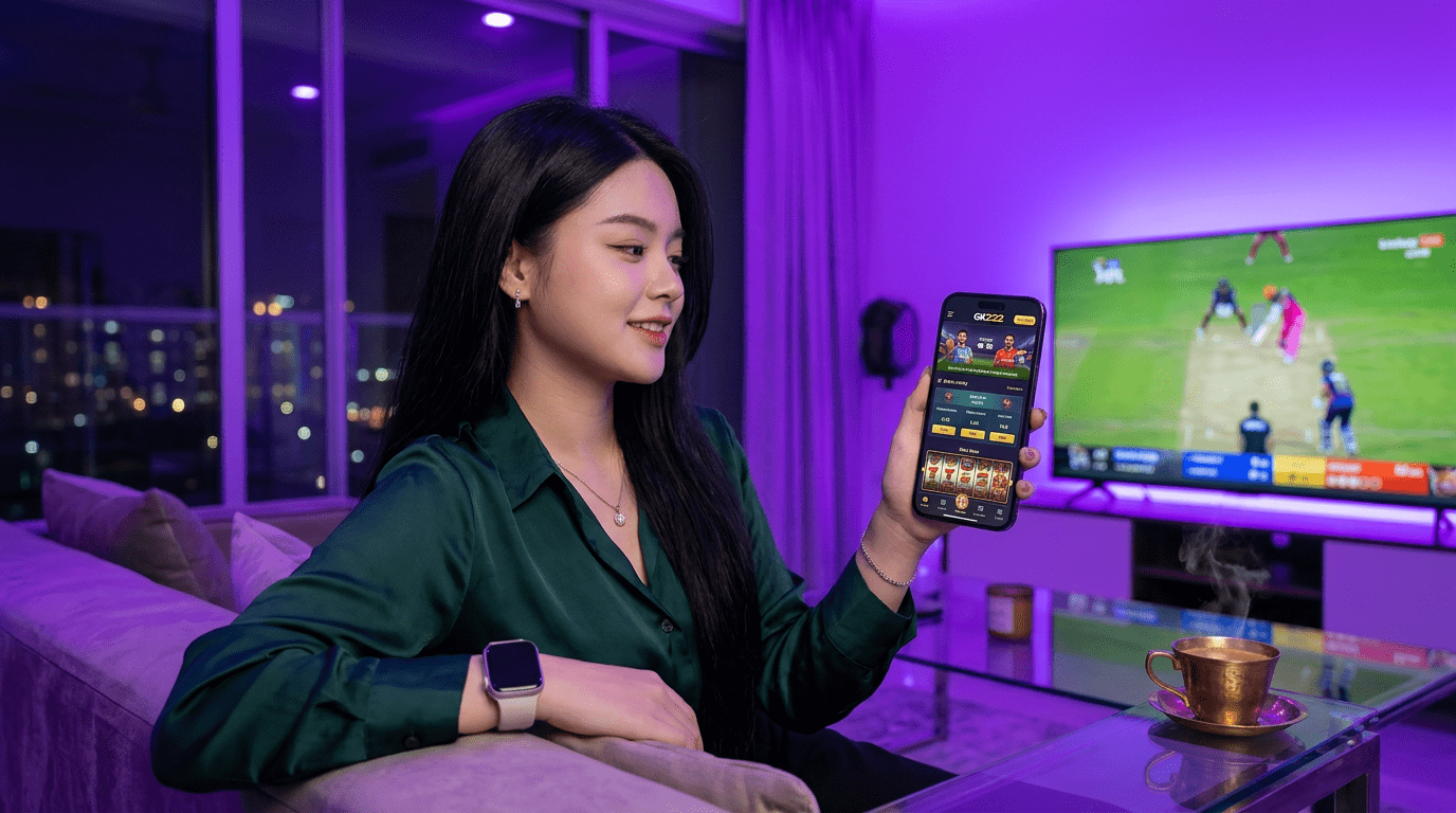 GK222 mobile gaming experience - beautiful player enjoying Friday night weekend session with cricket match and casino games in Dhaka apartment