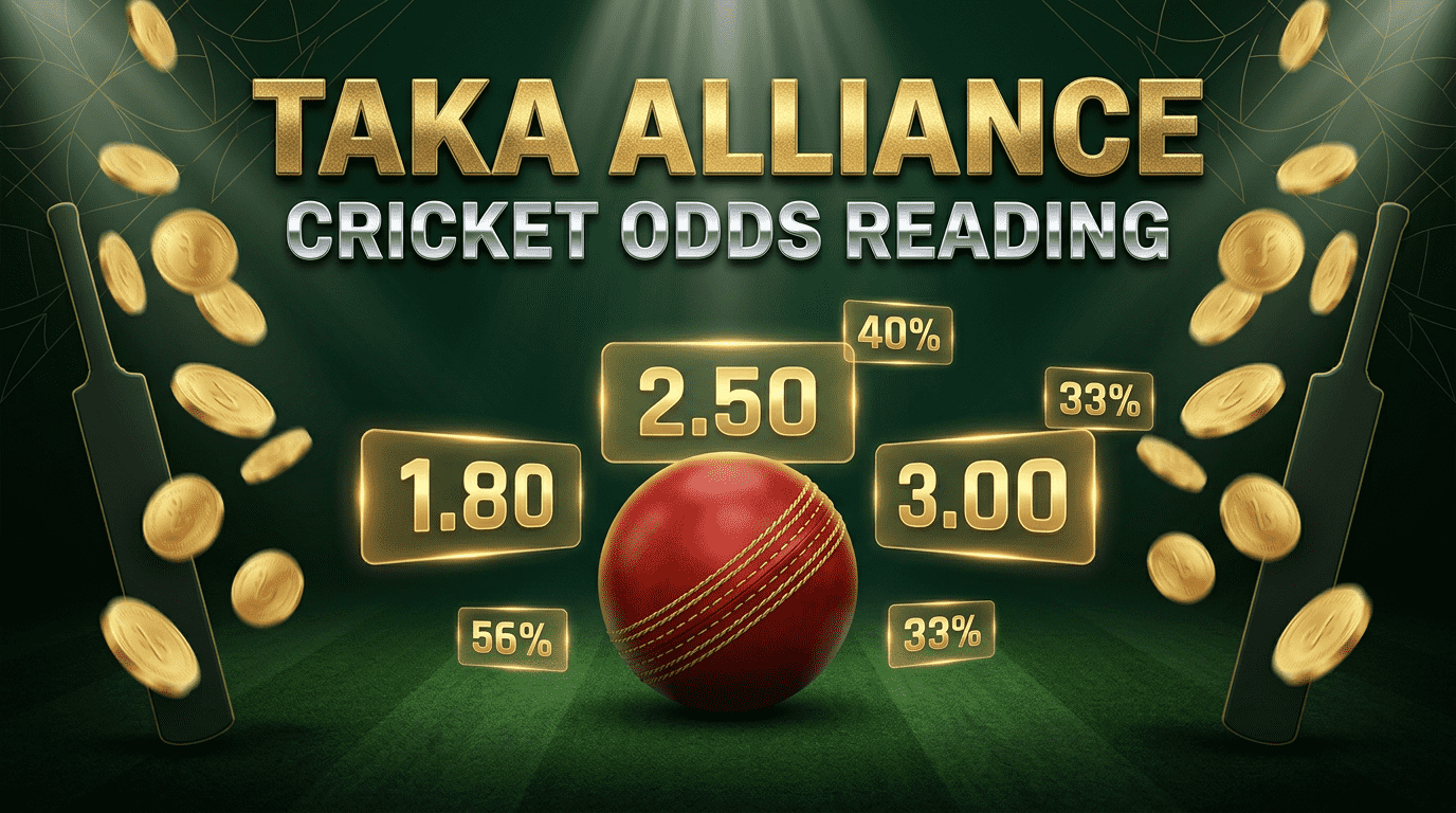 Cricket odds reading Bangladesh beginners guide banner — TAKA ALLIANCE decimal odds 1.80 2.50 3.00 tested across 20 platforms