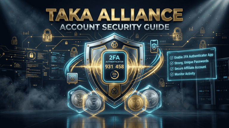 Account security recovery guide banner — TAKA ALLIANCE 7 tested steps for Bangladesh gaming platform protection with 2FA and phishing prevention