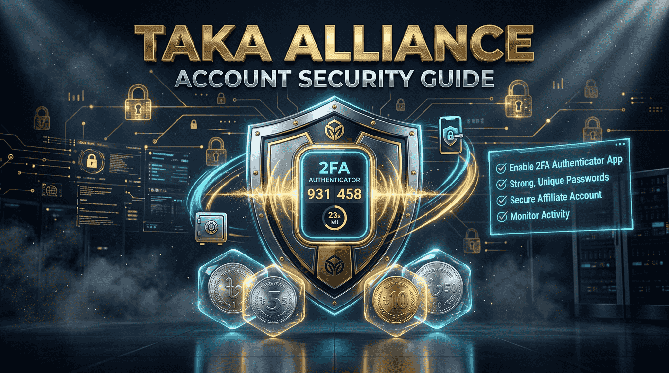 Account security recovery guide banner — TAKA ALLIANCE 7 tested steps for Bangladesh gaming platform protection with 2FA and phishing prevention
