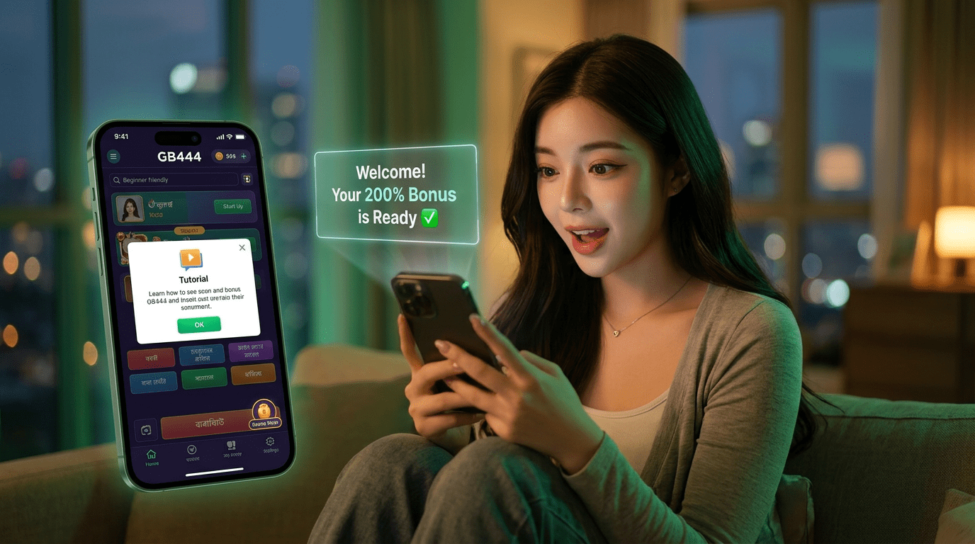 GB444 Review — The Gateway Platform Built for Bangladeshis Taking Their First Step Into Online Gaming GB444 mobile gaming first experience - beautiful new player exploring beginner-friendly platform with welcoming 200% bonus in modern apartment