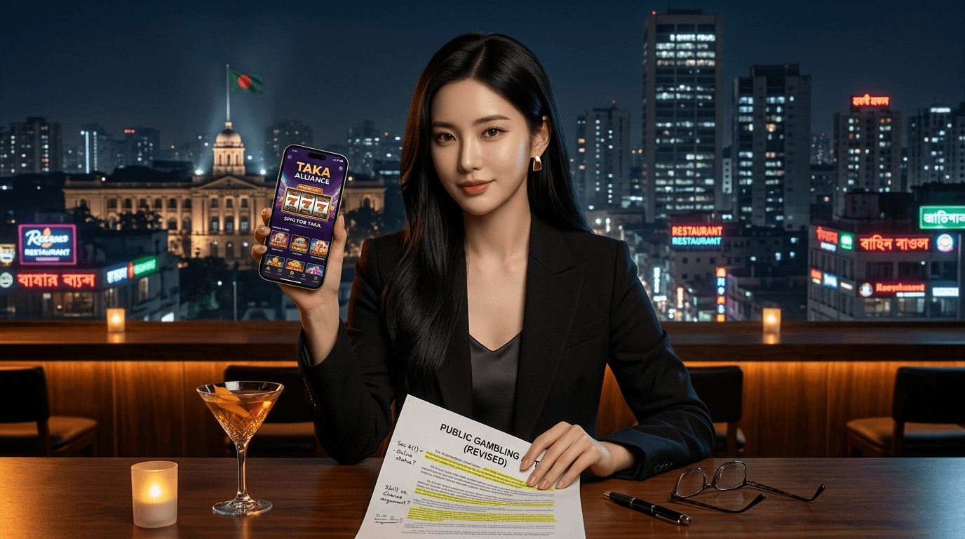 Bangladesh Casino Legal Status 2026 — Everything You Pretend to Know But Actually Don't Bangladesh casino legal young Korean woman researching gambling act document smartphone TAKA ALLIANCE Dhaka rooftop night