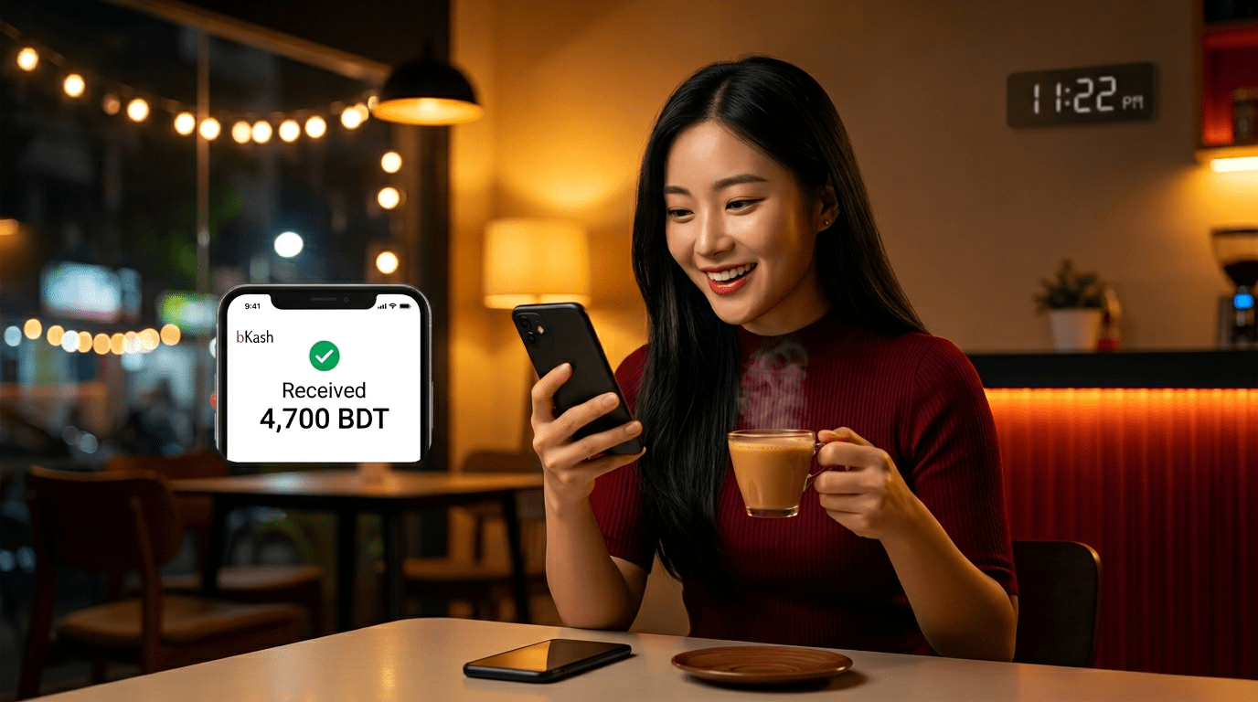 Young Korean woman celebrating fast TK666 bKash withdrawal at Dhaka cafe receiving 4700 BDT in 1 minute on smartphone