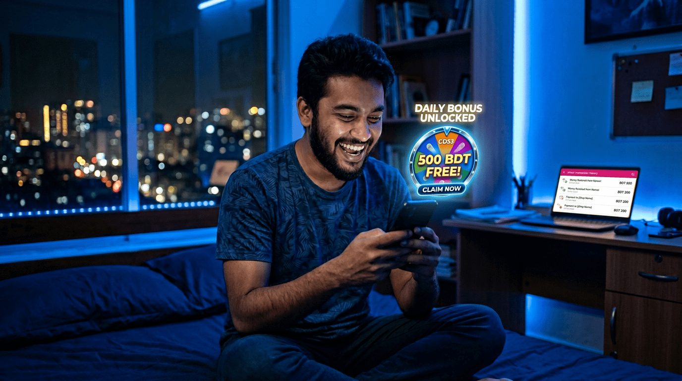 CD33 mobile gaming experience - Bangladeshi player celebrating daily bonus win with free spins and bKash withdrawal notification