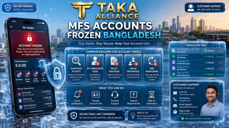 TAKA ALLIANCE MFS accounts frozen Bangladesh image showing locked mobile wallet alerts, frozen payment dashboard, transaction risk icons, and account safety guidance.