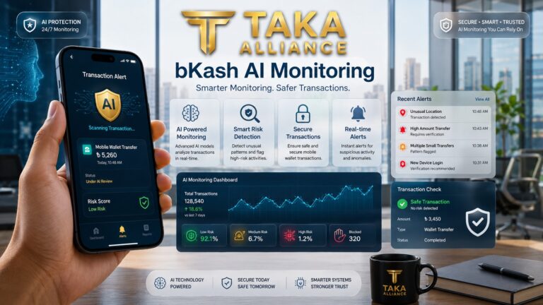 TAKA ALLIANCE bKash AI monitoring image showing a mobile payment screen, digital risk alerts, AI transaction checks, and Bangladesh fintech security dashboard.