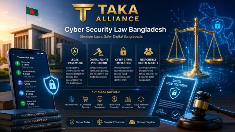 TAKA ALLIANCE Cyber Security Law Bangladesh image showing digital legal documents, justice scale, cyber lock icons, mobile transaction screen, and online casino risk analysis.