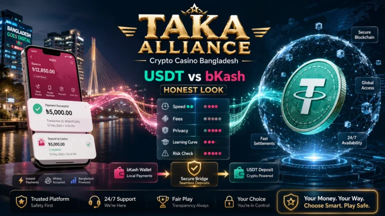 TAKA ALLIANCE Crypto Casino Bangladesh image showing USDT payment dashboard, mobile wallet comparison, blockchain network graphics, and digital deposit safety analysis.