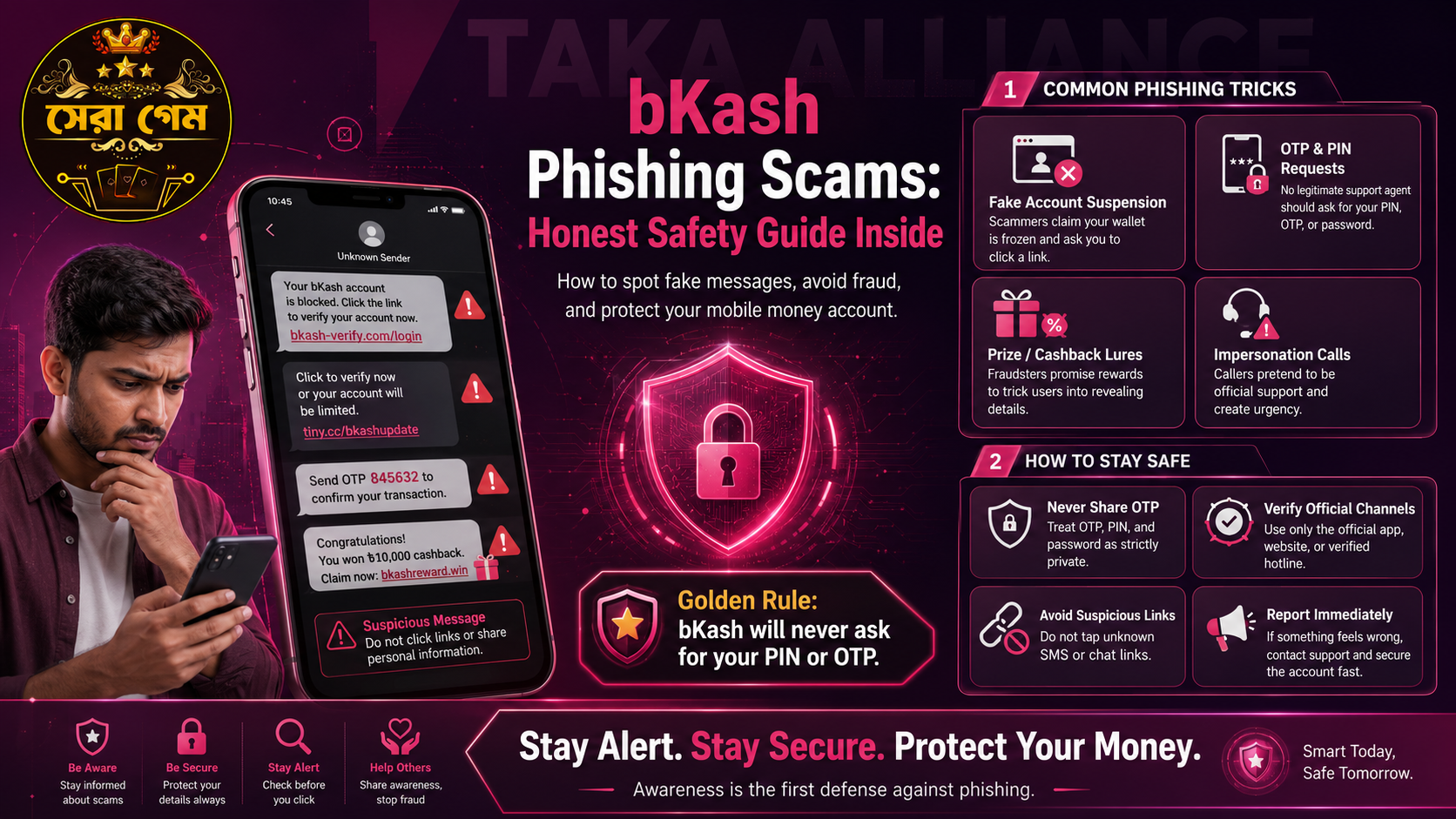 bKash phishing scams Bangladesh warning - TAKA ALLIANCE honest 2026 guide to AI voice scams, OTP theft, SMiShing and fake agent calls